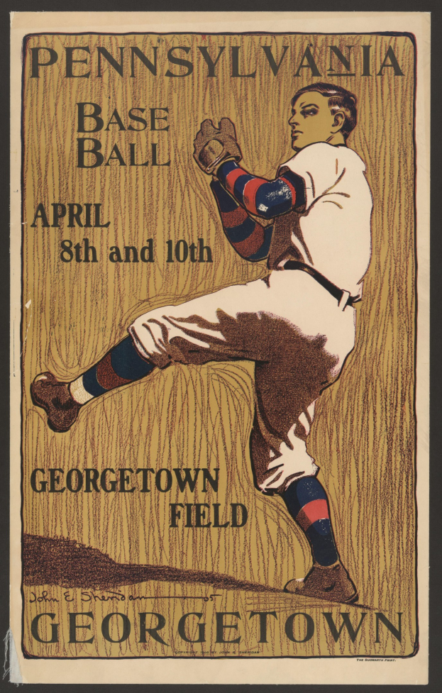 Plakat eines Baseball-Spielers in Sportkleidung mit entschlossener Miene, mit dem Text "Pennsylvania Baseball April 8th and 10th, Georgetown Field" oben