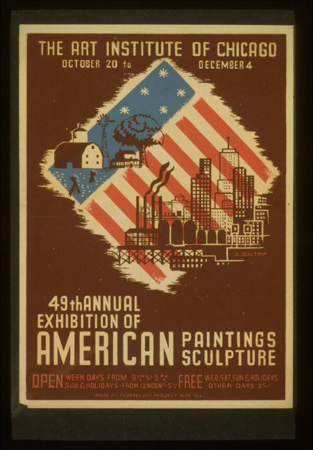 Plakat für die 49. Jahresausstellung amerikanischer Malerei und Skulptur des Art Institute of Chicago, das Text und Bilder zum Ereignis enthält.
