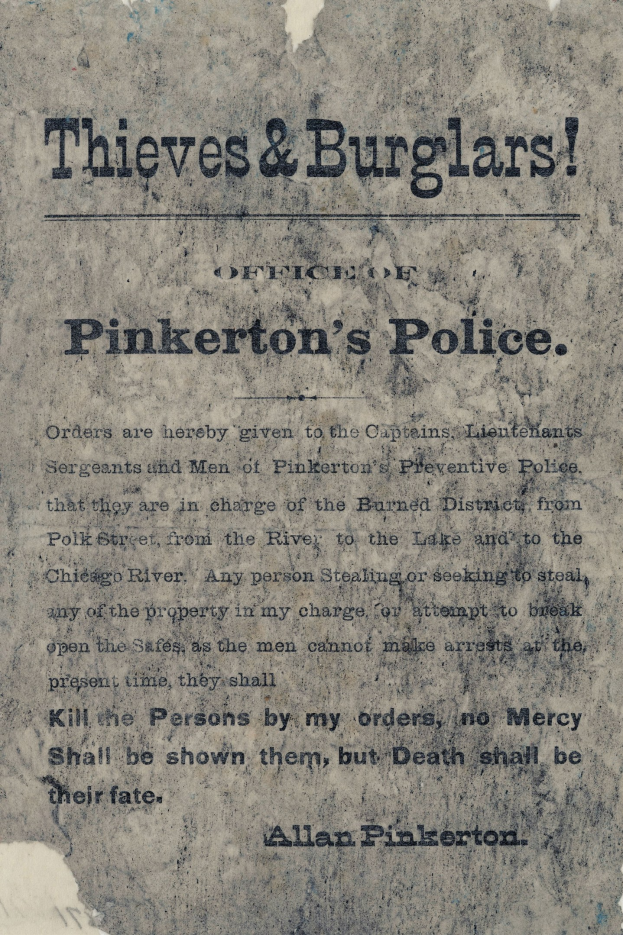 Ein Plakat mit fetter schwarzer Schrift, die "Thieves & Burglars Pinkerton's Police" auf einem weißen Hintergrund zeigt, eingerahmt von einem schmalen schwarzen Rand.
