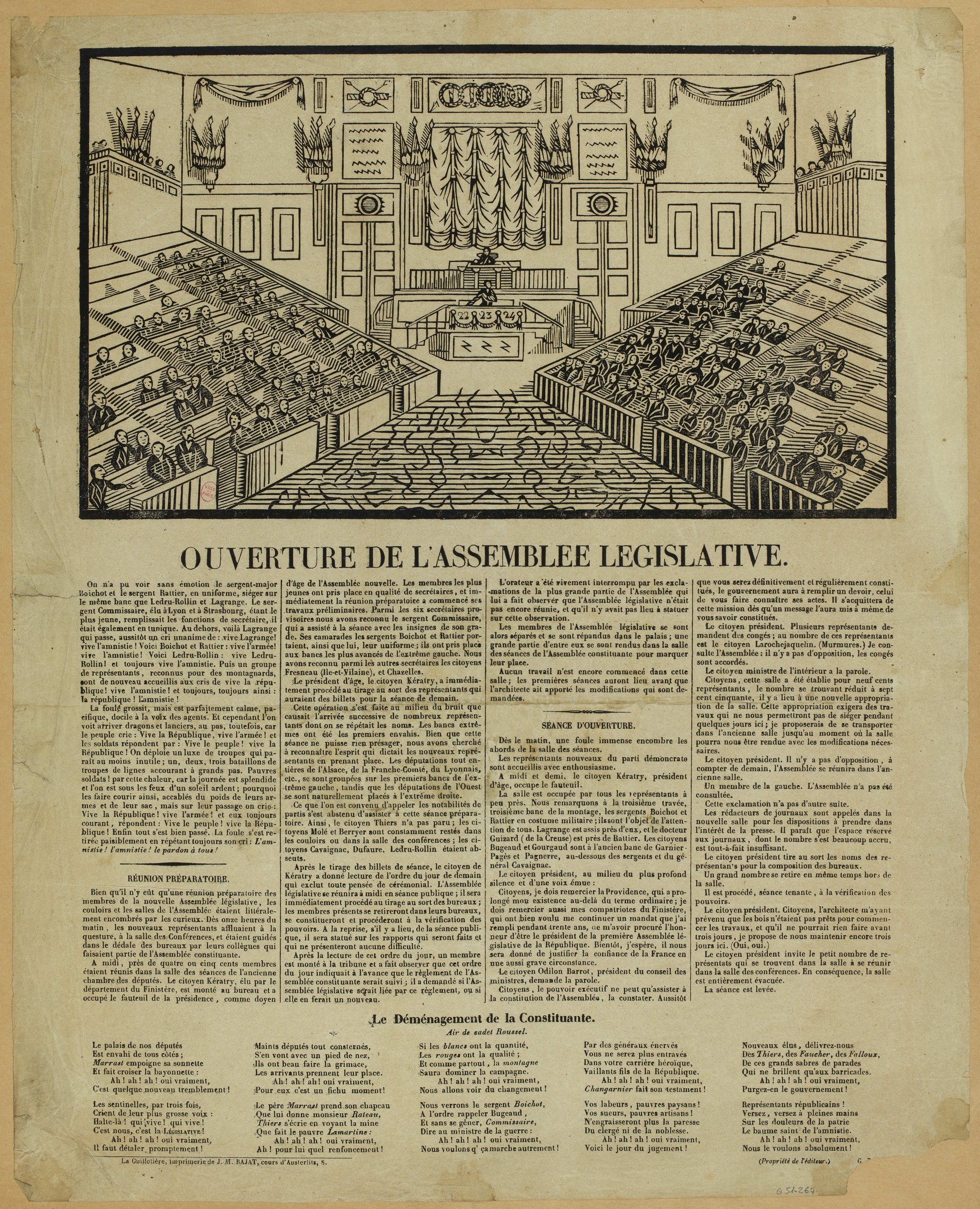 Schwarz-weiß-Illustration einer mit sitzenden Personen gefüllten Gesetzgebungskammer, auf altem Zeitungsdruck mit begleitendem Text.