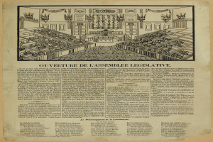 Schwarz-weiß-Illustration einer mit sitzenden Personen gefüllten Gesetzgebungskammer, auf altem Zeitungsdruck mit begleitendem Text.