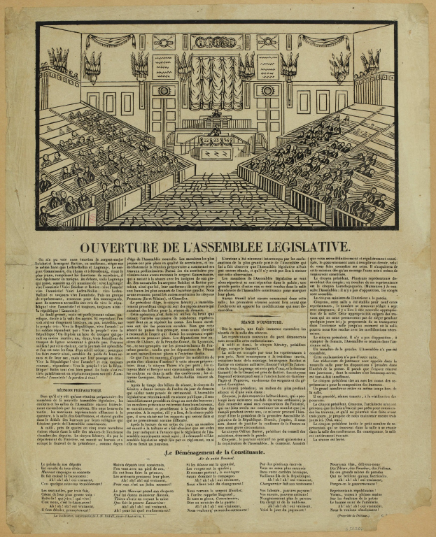 Schwarz-weiß-Illustration einer mit sitzenden Personen gefüllten Gesetzgebungskammer, auf altem Zeitungsdruck mit begleitendem Text.