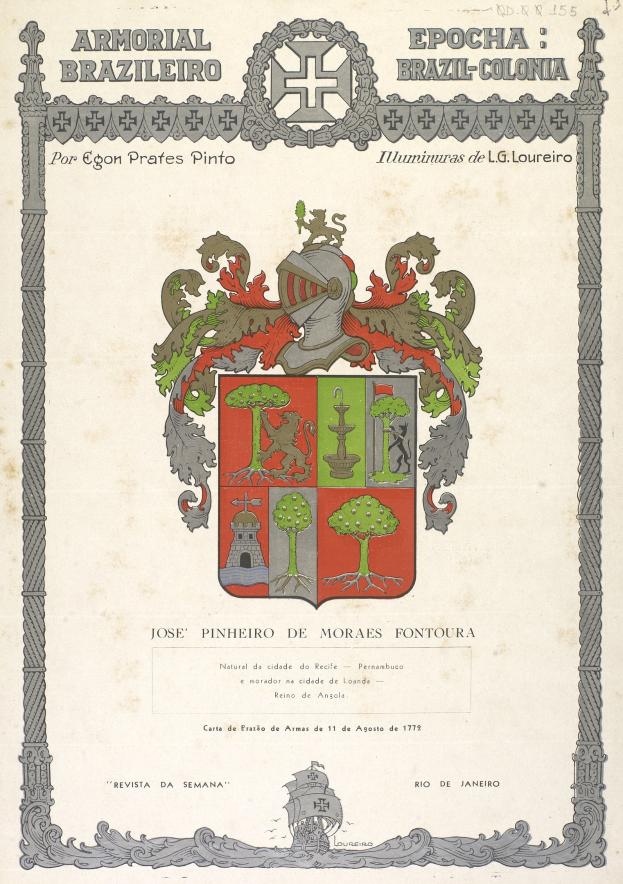 Plakat mit einem Wappen, das einen springenden Löwen auf einem Schild, eine Krone darüber und ein Banner mit "Armorial Brasilien" in fetter Schrift zeigt, begleitet von dem Satz "Epocha Brasilien-Colonia" darunter.