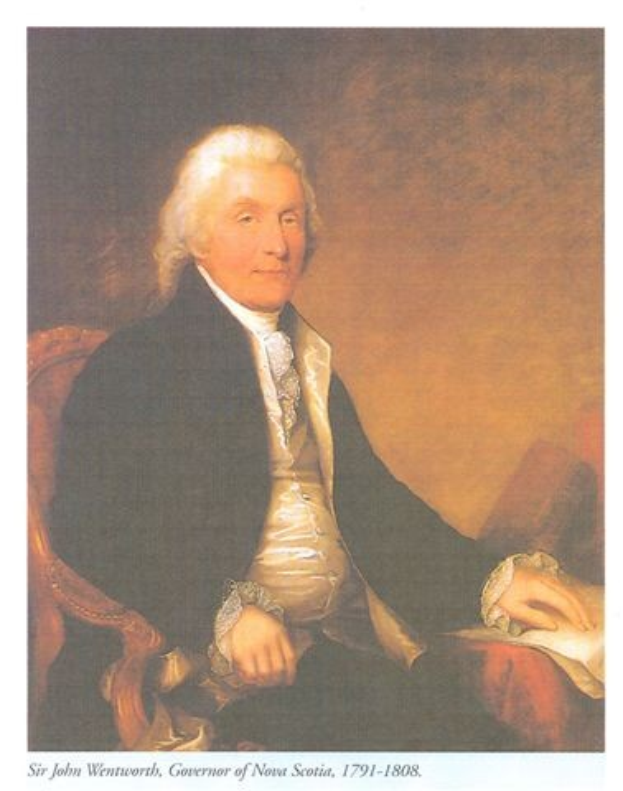 Porträt von Sir John Wentworth, Gouverneur von Nova Scotia von 1791-1808, sitzend in einem schwarzen Mantel mit einem Buch in der Hand, mit Text am unteren Bildrand.