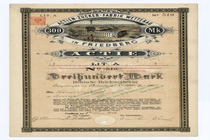 Altes deutsches Aktienzertifikat mit einer Gebäudeabbildung und Text, wahrscheinlich für aktive Status.