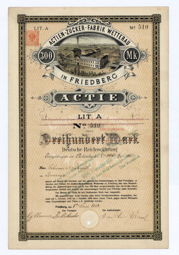 Altes deutsches Aktienzertifikat mit einer Gebäudeabbildung und Text, wahrscheinlich für aktive Status.