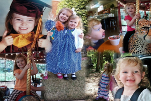 Collage mit lustigen Fahrgeschäften, Kindern, einem Tisch mit Speisen, Besteck, Lichtern, Outdoor-Elementen wie Büschen, Bäumen und Gras sowie einem Seil und einem Hut.