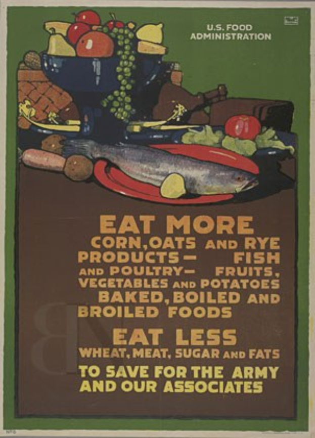 Plakat mit Bildern von Obst, Gemüse und einem Fisch mit der Aufschrift "Mehr Mais, Hafer- und Roggenprodukte essen" oben, um gesunde Lebensmittel für die Armee und Verbündete zu fördern.