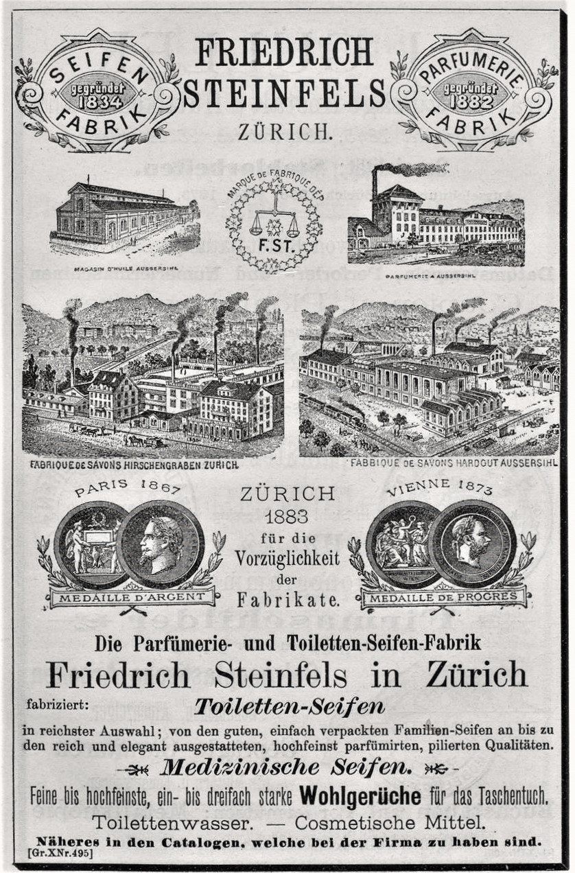 Schwarze und weiße Werbung für Friedrich Steinfels in Zürich, die Gebäude, Menschen und Text zeigt.