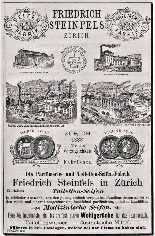 Schwarze und weiße Werbung für Friedrich Steinfels in Zürich, die Gebäude, Menschen und Text zeigt.