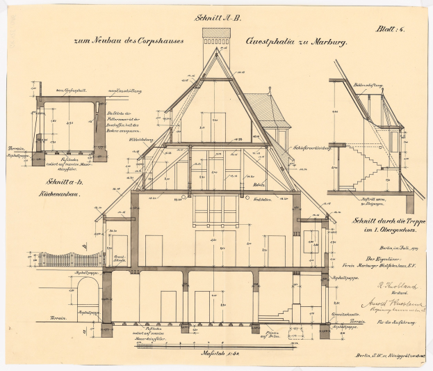 Schwarze-weißes Architekturzeichnung eines Hauses mit zahlreichen Fenstern und einem Dach, das als erstes Haus in Deutschland bezeichnet wird, begleitet von detaillierten Bauplänen und Text.