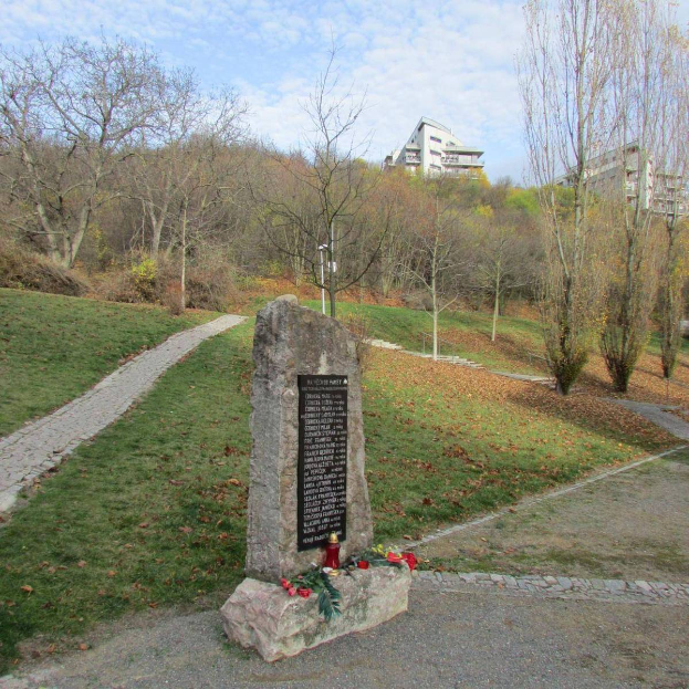 Ein Denkmal in einem Park mit einer Tafel, die "Denkmal für die Opfer der Tschernobyl-Katastrophe" trägt, umgeben von Gras, trockenen Blättern, einem Weg, Bäumen, Pflanzen, einem Straßenpfahl, Gebäuden und einem bewölkten Himmel.