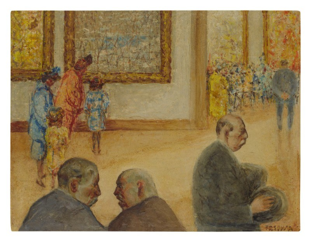 Gemälde mit dem Titel "Die Ausstellung im Museum of Fine Arts" von Édouard Manet, das formell gekleidete Menschen in einem Raum zeigt, der mit verschiedenen Kunstwerken an den Wänden geschmückt ist.