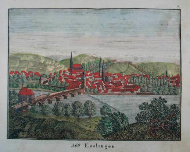 Eine Gravur einer Stadt mit einer Brücke über einen Fluss, umgeben von Bäumen, Gebäuden, Hügeln und einem klaren blauen Himmel, mit der Inschrift "Eslingen, Deutschland" unten.