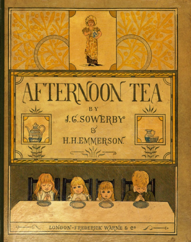 Ein Buch namens "Tea Time" von J.G. Sowerby und H.H. Hemmerson mit einem Cover, das Kinder an einem Tisch mit verschiedenen Gegenständen sitzen zeigt.