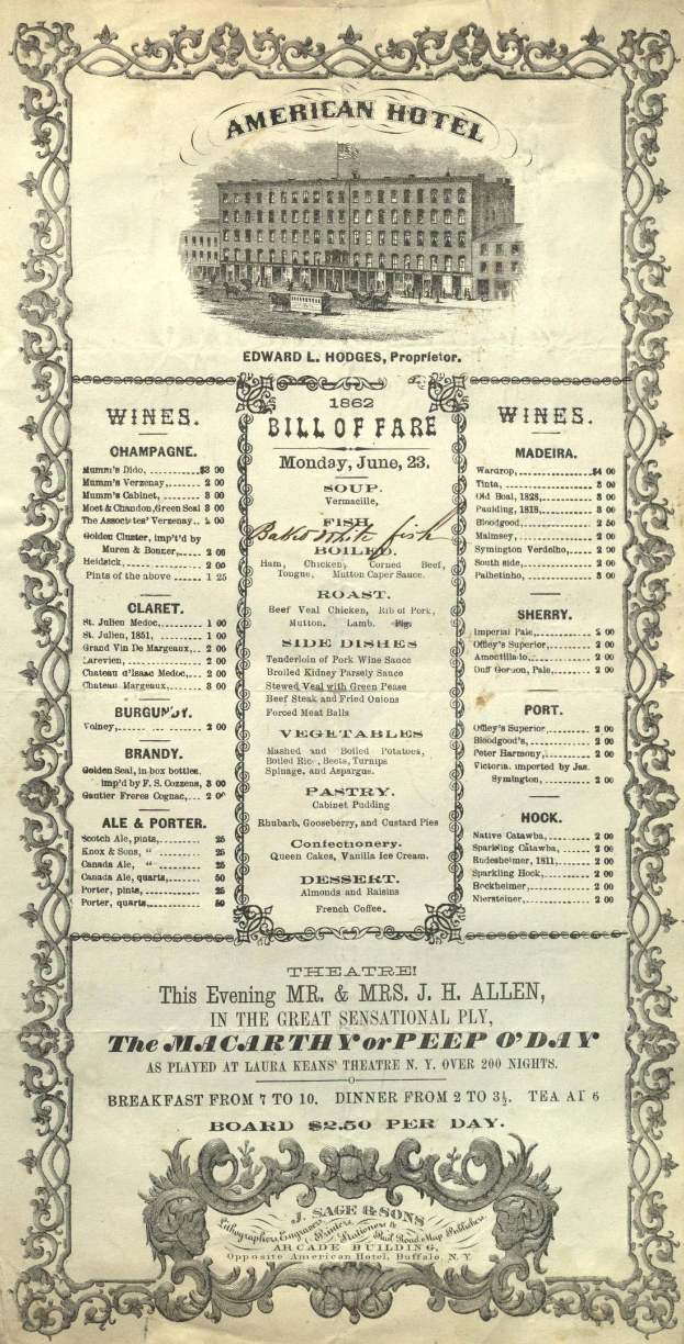 Altes Buch mit dem Titel "American Hotel Bill of Fare von 1862" mit einer Gebäudeillustration, mit Text über Gastronomieangebote.