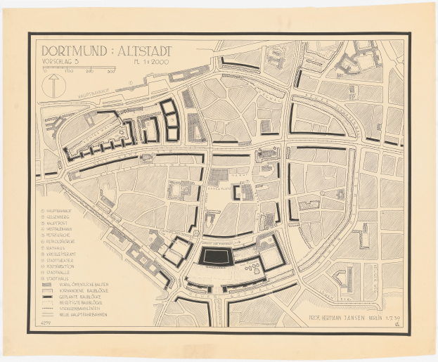 Alte detaillierte Karte von Dortmund, Deutschland, die Straßen, Gebäude und Sehenswürdigkeiten mit weißem Hintergrund zeigt.