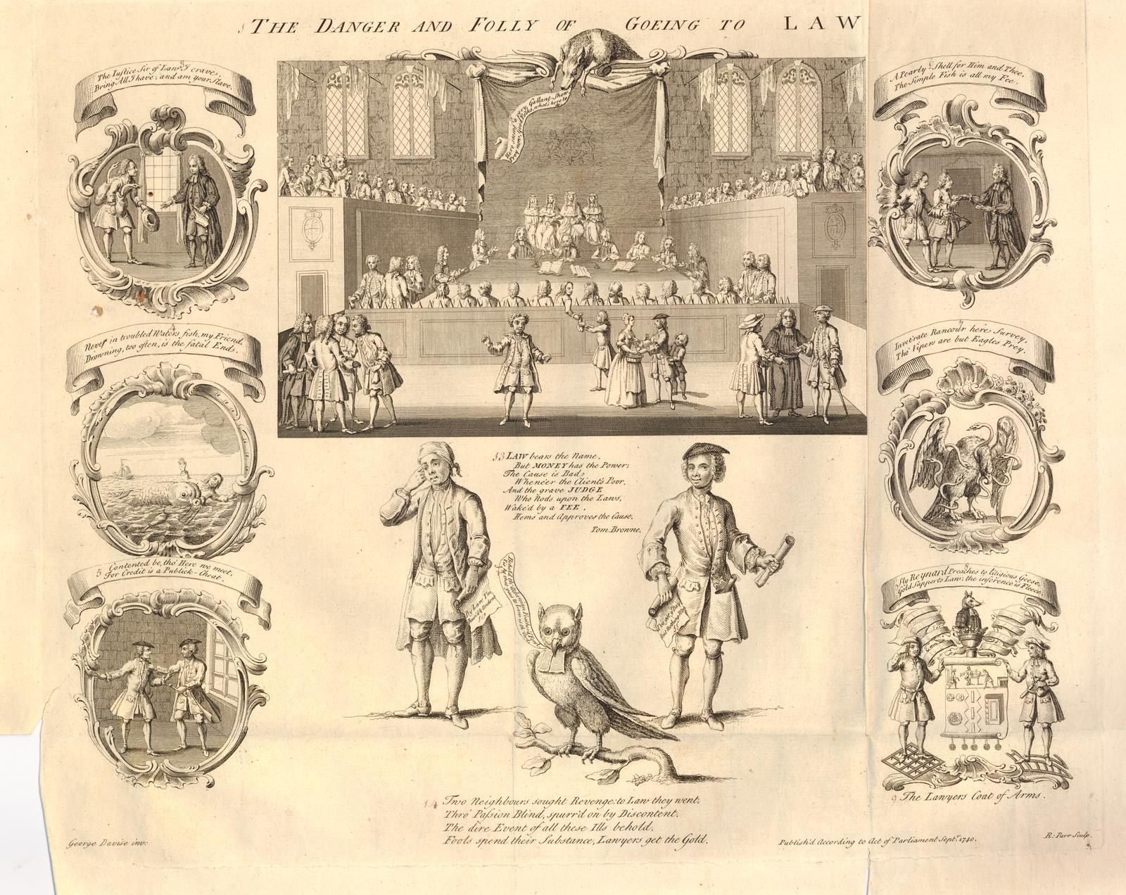 Papier mit verstörten Figuren und fettem Text, das die Gefahren und Absurdität der Rechtsverfolgung illustriert.