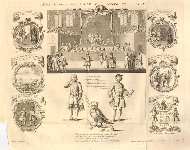 Papier mit verstörten Figuren und fettem Text, das die Gefahren und Absurdität der Rechtsverfolgung illustriert.