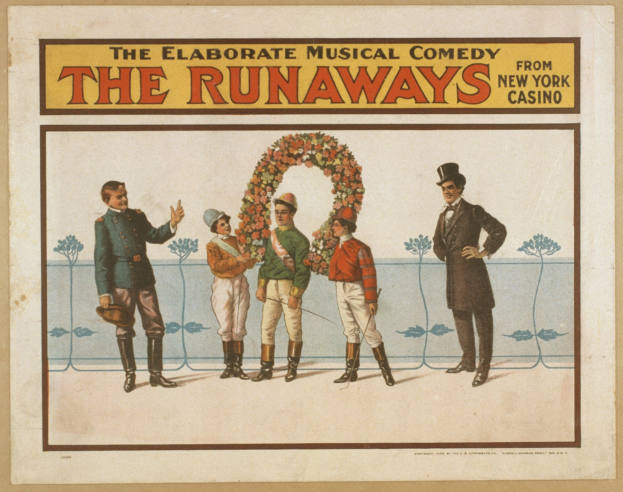Plakat für "Elaborate Musical Comedy Runaways from New York Casino" mit einer Gruppe von Menschen in einer Reihe, wobei einer einen Blumenstrauß hält, und Text, der die Komödie beschreibt.