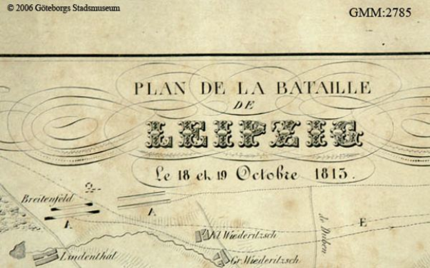 Eine detaillierte alte Karte der Schlacht von Leipzig, die verschiedene Kämpfe zeigt und mit Text über das Datum, die Uhrzeit und den Ort annotiert ist.