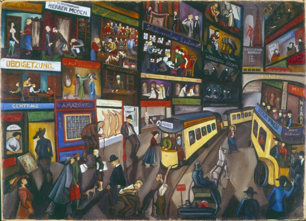 Ein Gemälde, das eine belebte Stadtstraße mit Fußgängern, Fahrzeugen, Gebäuden, Geschäften und Schildern zeigt.