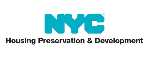 Weißer Hintergrund mit zentrierter fetter schwarzer Schrift "NYC Housing Preservation & Development" in einem dünnen schwarzen Rand, in einer modernen professionellen Schriftart.