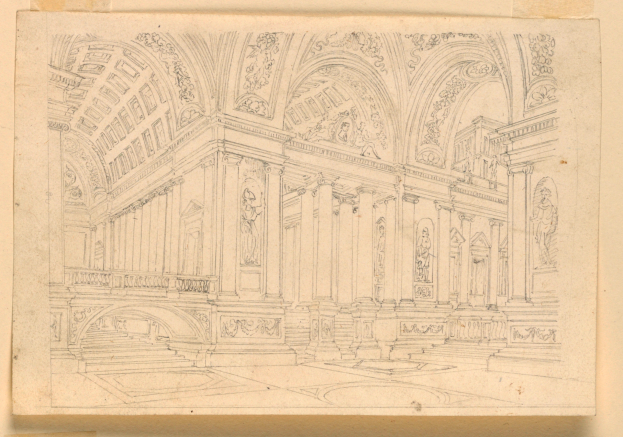 Eine detaillierte Zeichnung eines prunkvollen Raumes mit kunstvollen Deckenentwürfen und Skulpturen auf einem Blatt Papier.