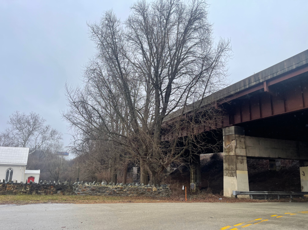Eine Brücke über eine reparierte Straße mit einem Baum in der Mitte, umgeben von Steinen, Gras, einem Haus, einem Schild, einem Straßenschild, einer Baumgruppe und einem bewölkten Himmel.