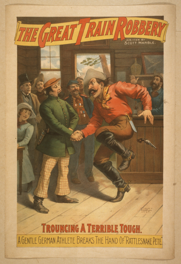 Ein Plakat, das eine Gruppe von Menschen zeigt, die drinnen stehen, einer mit einer Waffe, mit Text oben und unten: "Die große Zugrauberei - Trouching a Terrible Tough".