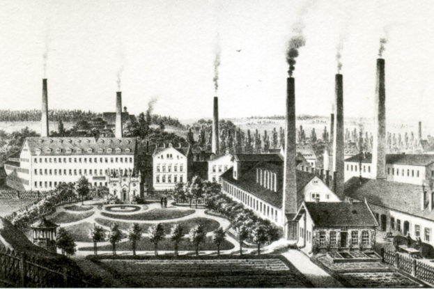 Schwarz-weiß-Zeichnung einer Fabrik mit Rauch aus Schornsteinen, umgeben von Gebäuden, Bäumen, Pflanzen, Gras und einem Zaun, beschriftet mit "New York State Penitentiary" unten.