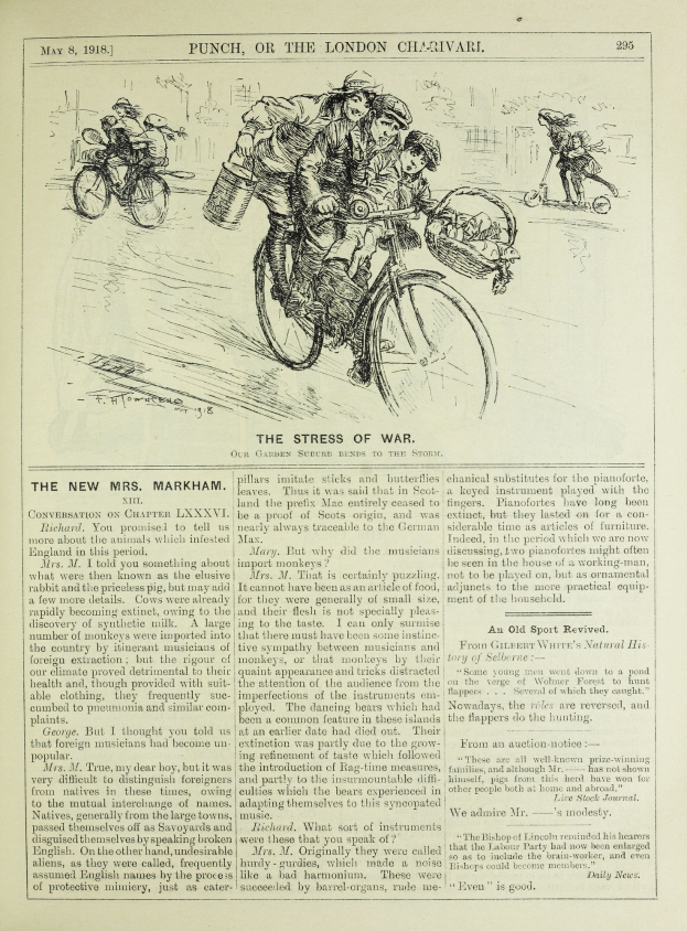 Ein altes Illustration eines Helme tragenden Gruppen von Menschen auf Fahrrädern, mit einer handgeschriebenen Notiz, die die Szene beschreibt.