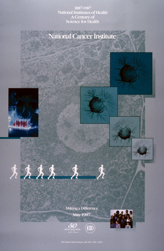 Buntes Plakat für das National Cancer Institute mit blauem Hintergrund und weißer Schrift, das einen Kreis aus Bildern von lächelnden Menschen verschiedenen Alters, Geschlechts und Ethnien um den fetten, großgeschriebenen Titel 'National Cancer Institute' zeigt.