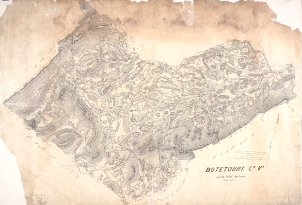 Ein detailliertes altes Stadtplan von Botetourt, das Straßen, Gebäude und andere Merkmale zeigt, mit begleitendem Text, der Informationen über die Bevölkerung, Straßen und Sehenswürdigkeiten der Stadt enthält.