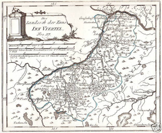 Eine detaillierte Karte des Rheins in Deutschland, die seinen gewundenen Verlauf durch die Region zeigt, mit beschrifteten Sehenswürdigkeiten und Punkten von Interesse, begleitet von Text und einem Bild einer Säule.