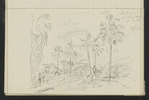 Ein offenes Skizzenbuch, das eine Zeichnung von Menschen zeigt, die in einem üppigen Dschungel mit hohen Bäumen, einem tiefblauen Himmel und ein paar Wolken stehen.