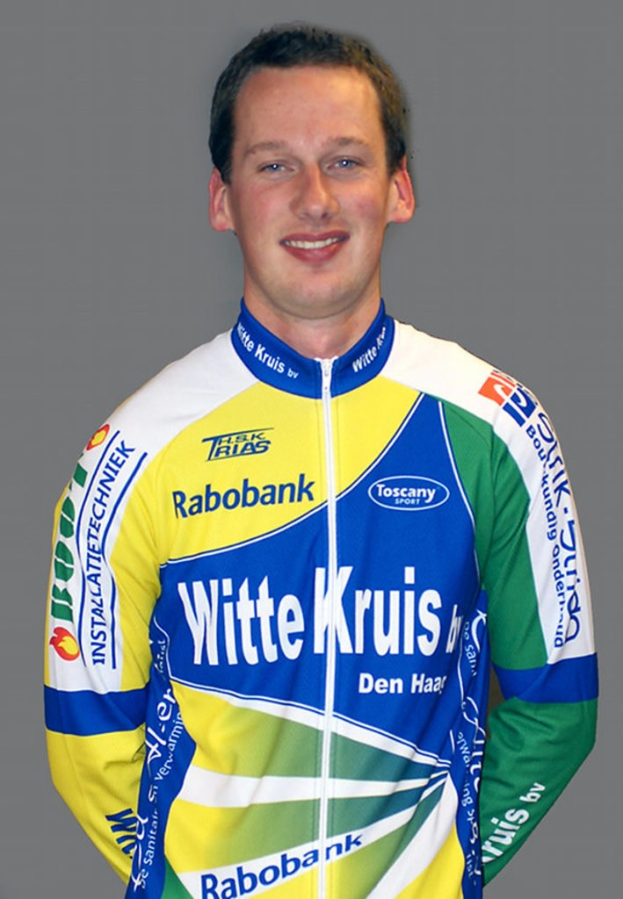 Ein männlicher Athlet posiert für ein Foto, trägt ein Hemd mit Namen mehrerer Sponsorenunternehmen.
