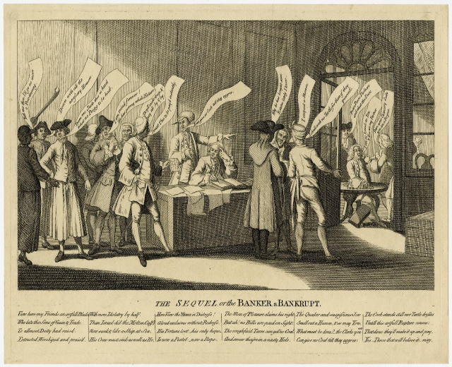 Eine Gruppe von Menschen steht um einen Tisch mit Papieren, mit zusätzlichen Papieren und Gegenständen auf dem Tisch, einer Wand und einer Tür im Hintergrund und Text unten mit "Die Fortsetzung der Bankrotte des Bankers"