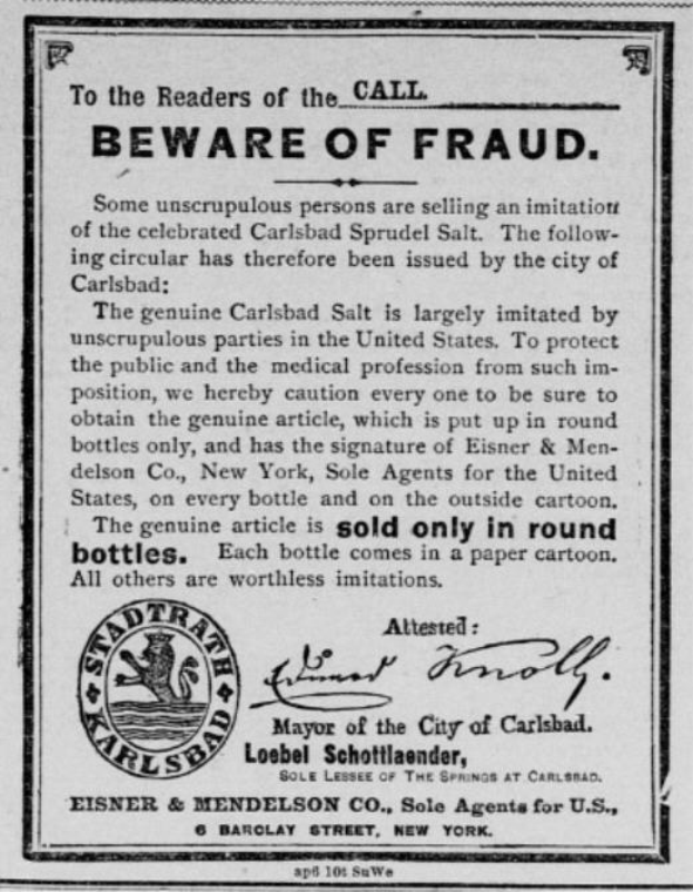 Schwarzes und weißes Plakat mit Betrugswarnung und dem Text "Carlsbad Spruud Salt" und einem zugehörigen Logo.