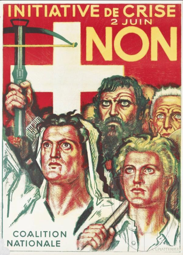Plakat für die Coalition Nationale, eine Initiative de crise non, mit einer Gruppe von Menschen, die einen Hammer und eine Sichel halten, und Texten über die Organisation und ihre Mission.