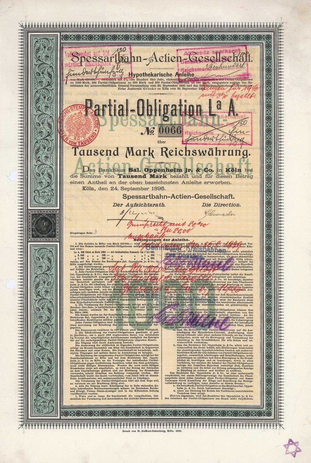 Ein altes deutsches Wertpapier, das von der deutschen Regierung ausgestellt wurde und Text sowie einen Stempel enthält.