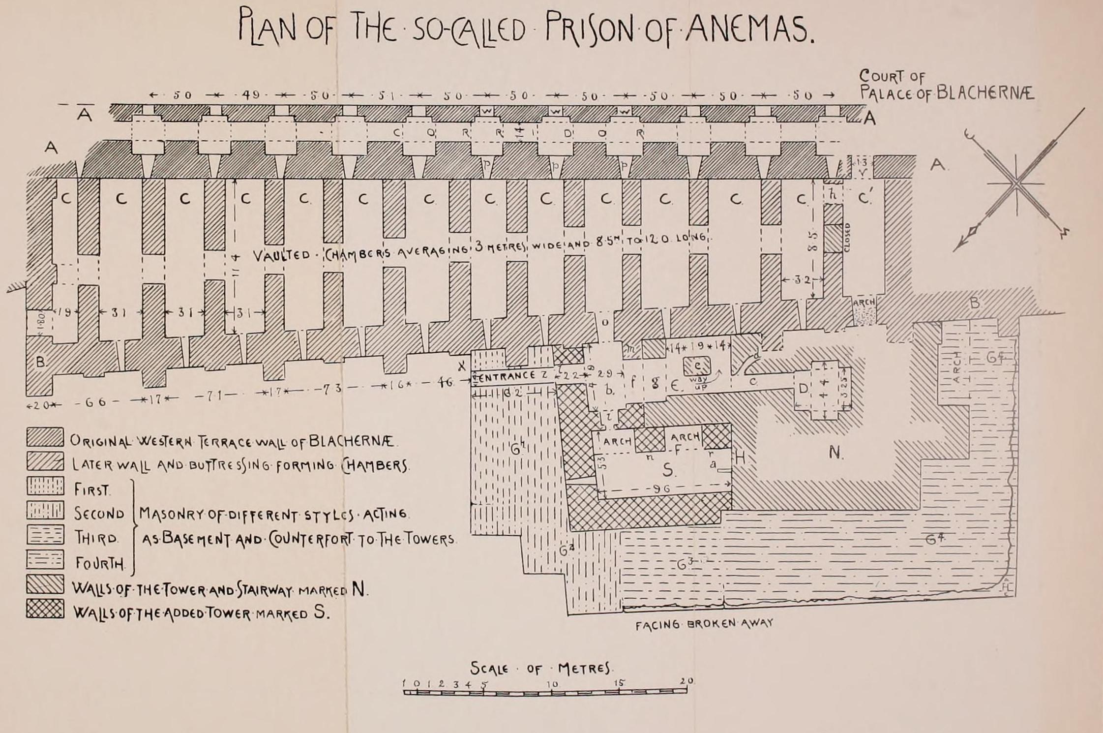 Detailierter architektonischer Plan des Anemas-Gefängnisses, der Räume, Korridore, Fenster, Türen und strukturelle Anmerkungen auf Papier zeigt.