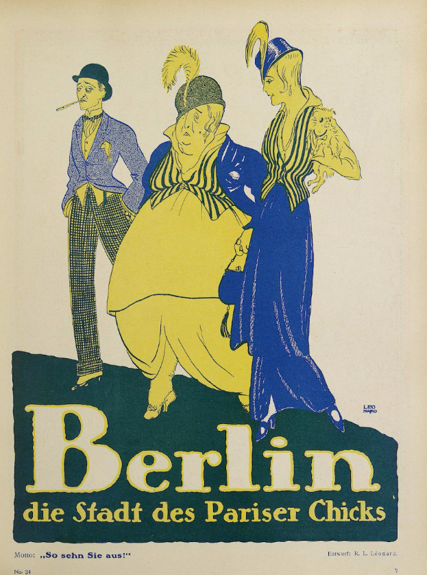 Ein Plakat, das ein Konzert in Berlin, Deutschland, ankündigt, auf dem eine Gruppe farbenfroher Menschen vor einem Gebäude steht, mit der Aufschrift 'Berlin - Die Stadt des Pariser Chicks' oben.
