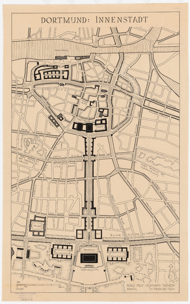 Ein detaillierter Stadtplan von Dortmund, Deutschland, der Straßen, Gebäude und Sehenswürdigkeiten zeigt, mit Text oben und unten auf dem Bild.