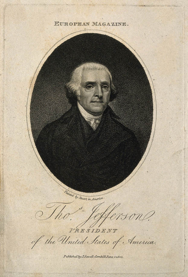 Porträt von Thomas Jefferson, Präsident der Vereinigten Staaten, auf dem Cover des European Magazine, in Schwarzanzug und weißem Hemd mit ernstem Gesichtsausdruck und zurückgekämmtem Haar.