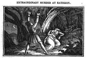 Eine Schwarz-Weiß-Illustration eines Mannes und einer Frau in einem Wald mit Bäumen im Hintergrund, mit dem Text "Überraschender Mord in Ratison" oben und unten.