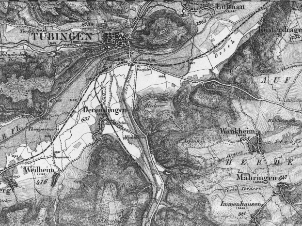 Alte Schwarz-Weiß-Topographische Karte der Stadt Tübingen mit Text.