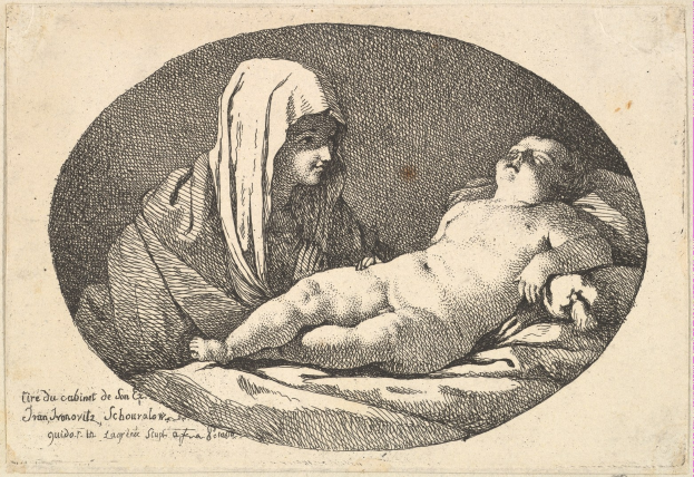Schwarz-weiß-Zeichnung einer Frau, die ein Baby hält, betitelt mit 'Mutter und Kind.'