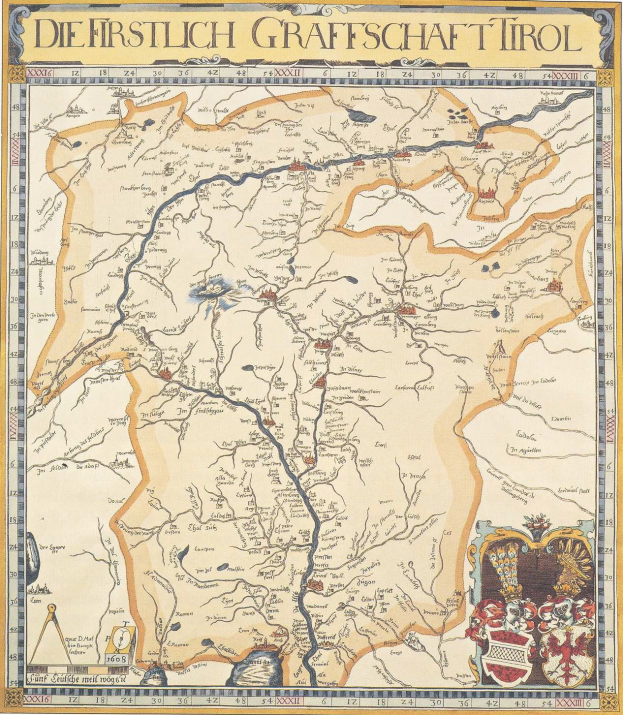 Detailreiches historisches Plakat der ersten Grafschaft Tirol-Karte, das geografische Merkmale und begleitenden Text zeigt.