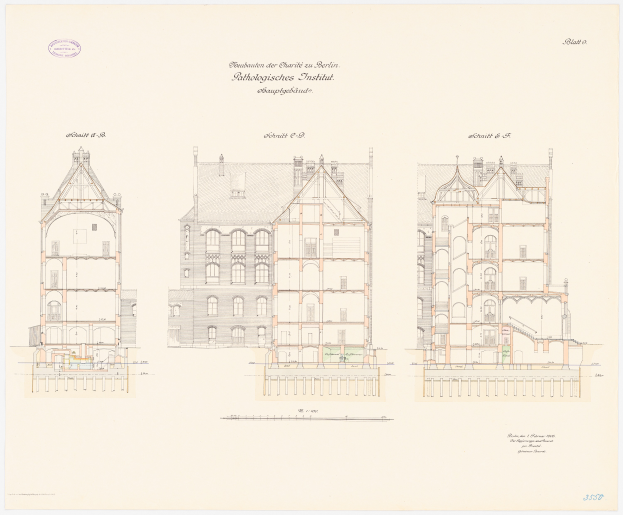 Ein detaillierter architektonischer Entwurf der Charles II-Schule in Berlin, der ein Gebäude mit zahlreichen Fenstern zeigt, begleitet von umfassenden Plänen und Texten.